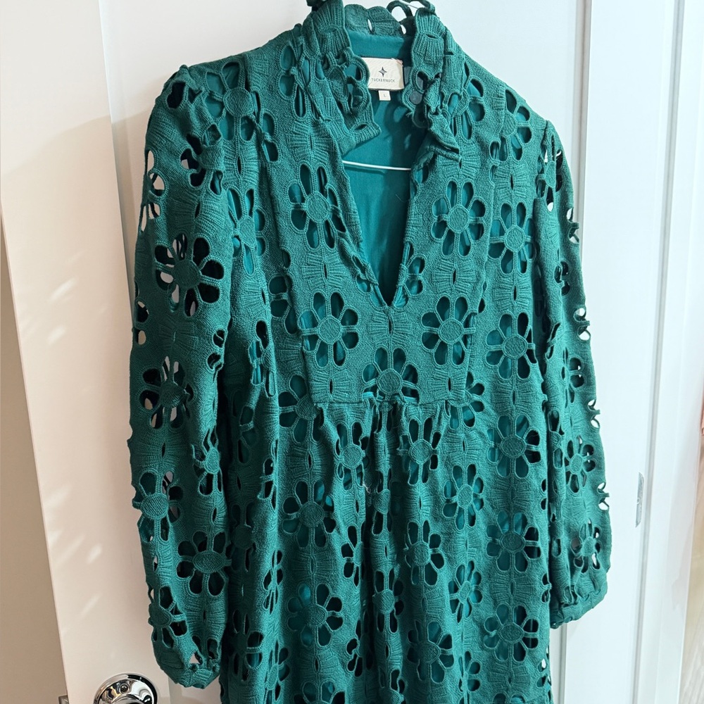 Tuckernuck Teal Floral Eyelet Long Sleeve Dress